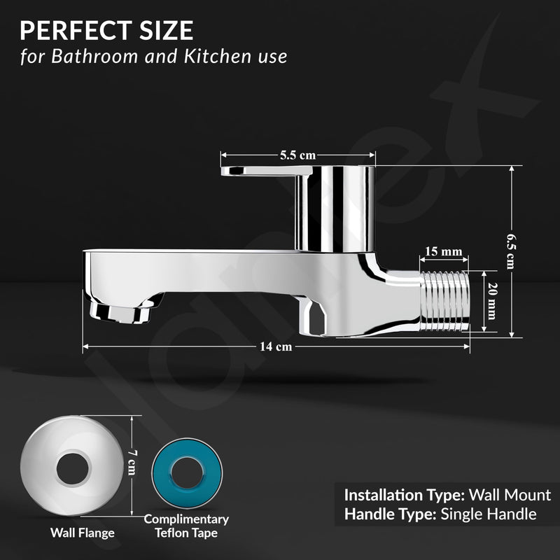 Plantex Long Body Bib Cock Water Tap for Bathroom/Wall Mount Tap for Wash Basin with Teflon Tape & Wall Flange - Pack of 1 (Flip, Chrome)-4