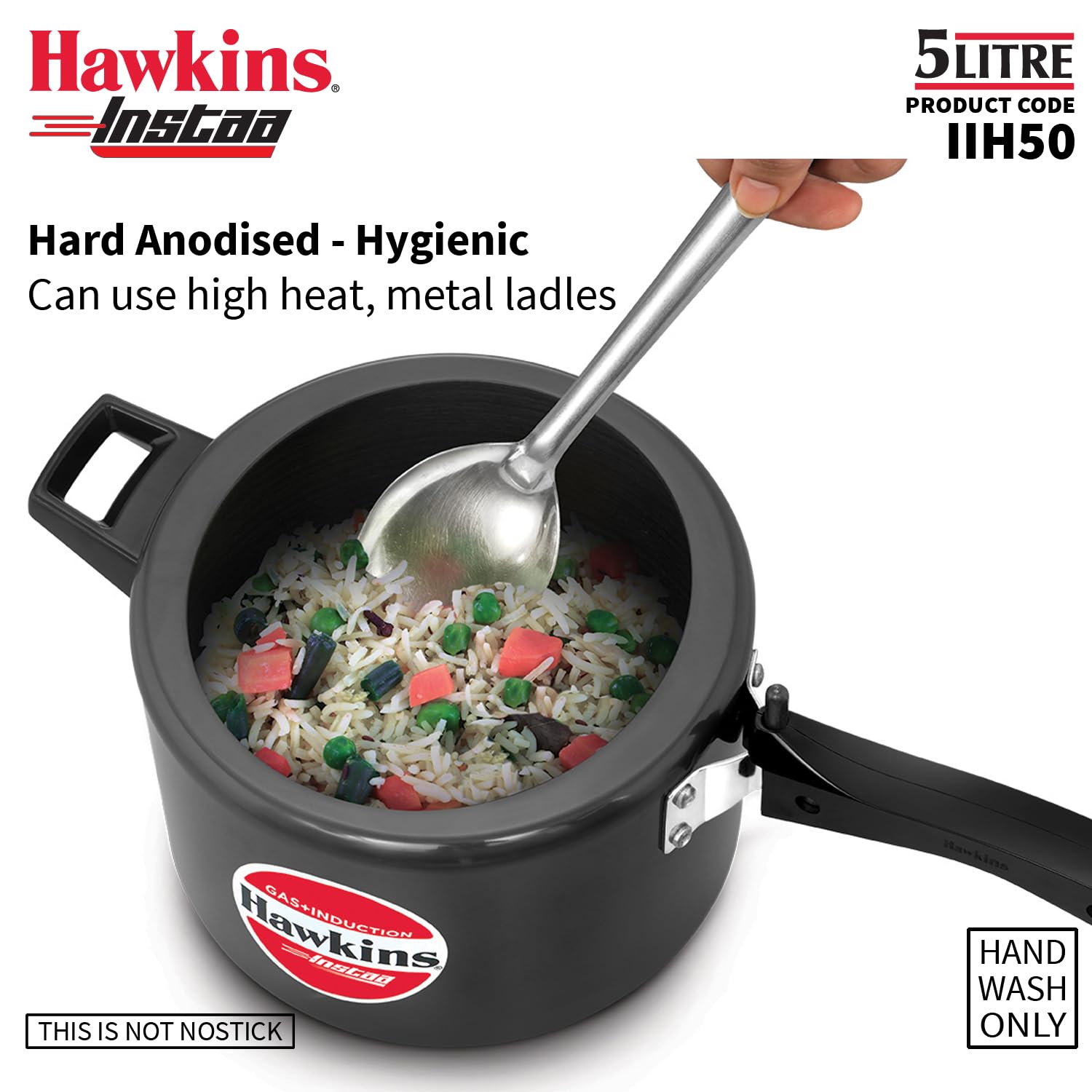 Hawkins 5 Litre Instaa Pressure Cooker, Induction Inner Lid Cooker, Tall Body Hard Anodised Cooker, Black (IIH50)