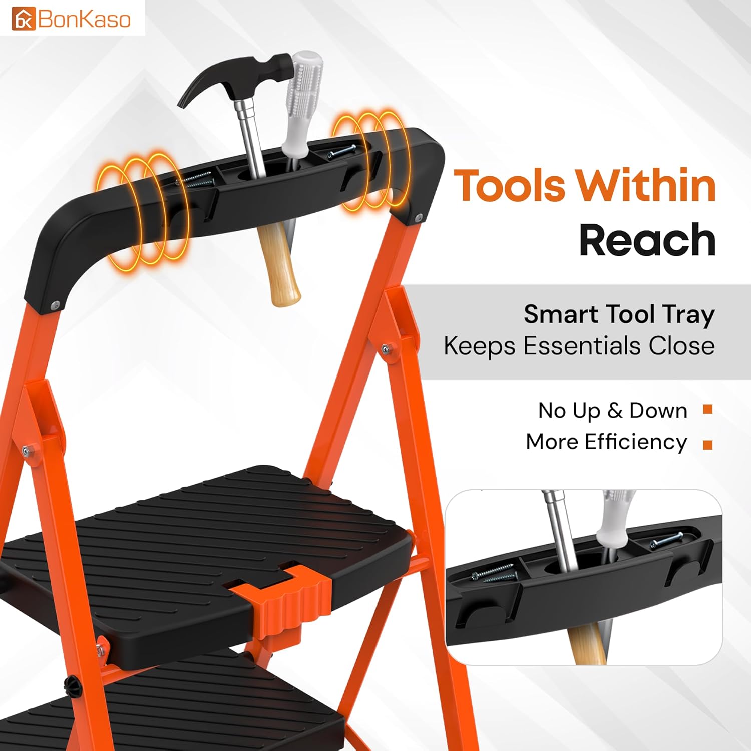 BonKaso Climb Easy 5 Step Heavy Duty Steel Folding Climbing Ladder for Home, Home & Office – with Safety Lock, Anti-Slip Wide Steps, Support Handle & Tool Tray (Orange & Black)