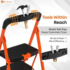 BonKaso Climb Easy 5 Step Heavy Duty Steel Folding Climbing Ladder for Home, Home & Office – with Safety Lock, Anti-Slip Wide Steps, Support Handle & Tool Tray (Orange & Black)