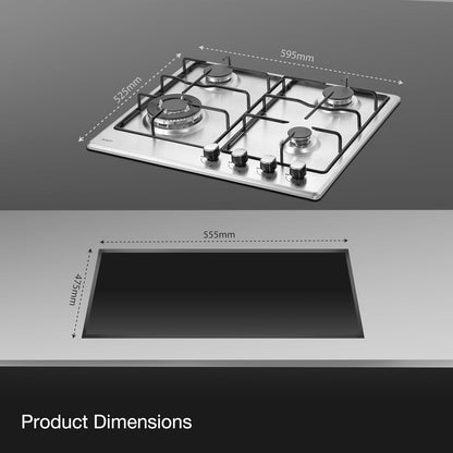 KAFF 4 Burners Built-in Hob & Hobtop For Modular kitchen -8 MM|Auto Electric Ignition Glass Top| Italian Burner, Enamelled Matt Finish, Easy Grip Knobs, Toughened Glass (Silver,80CM)