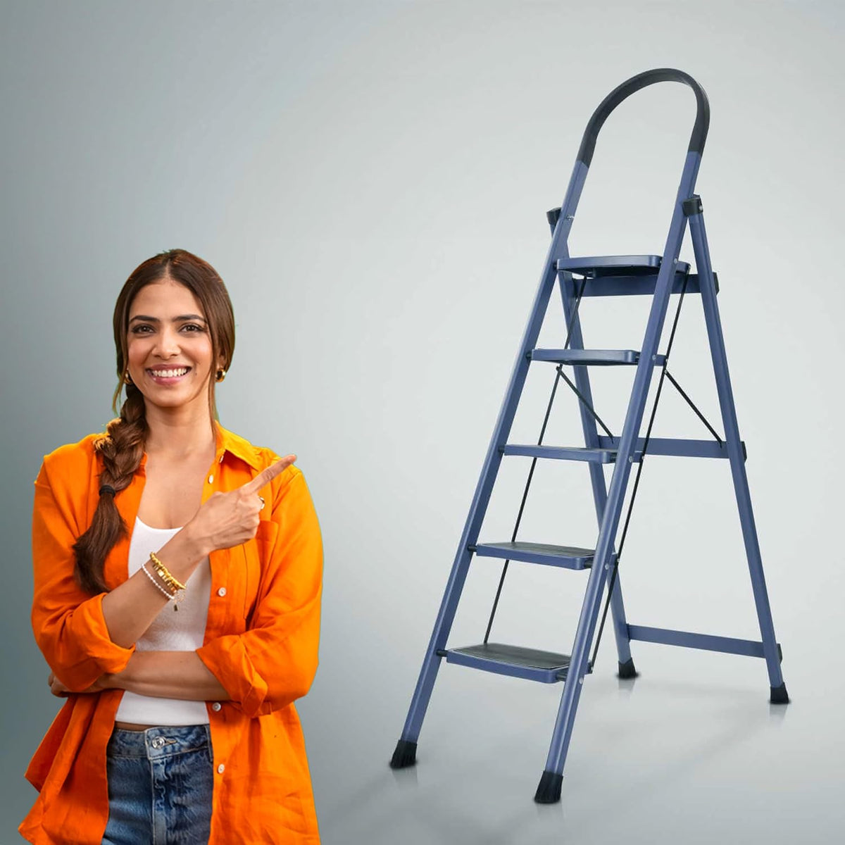 PROHOME Steel Ladder for Home 5 Steps Foldable with Anti-Skid Wide Steps (30cm x 20cm) | 5 Step Ladder for Home Use with D-Shape Rods | Secure Lock | 170 Kg Capacity Folding Ladder | 5 Year Warranty