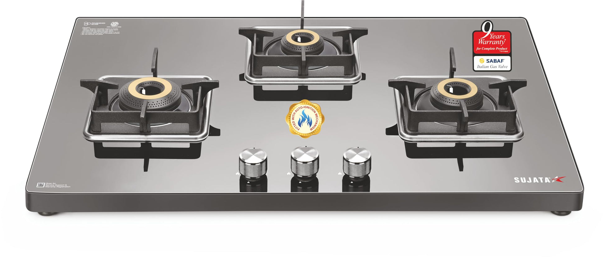 Sujata Gas Stove 3 Burners | 5 Years Warranty | 3 Burner Gas Stove Stainless Steel Auto Ignition, CookTop cum Hob Top, LPG Ready & PNG Compatible, Brass Burner (Osmium - 3 Burner Auto Ignition)