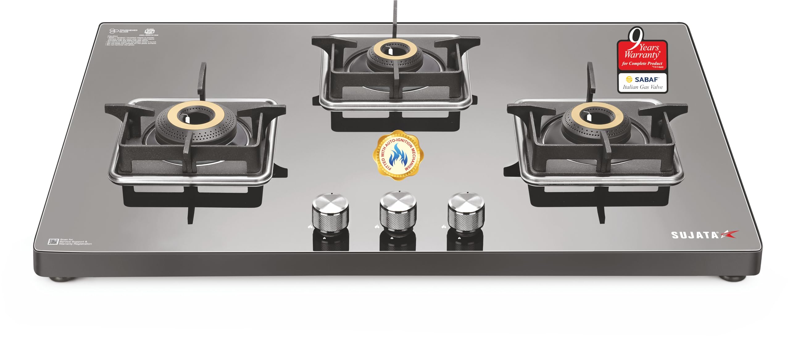 Sujata 5 Burner Gas Stove Glass Top | 5 Years Warranty | Gas Chulha, Auto Ignition Gas Stove, CookTop cum Hob Top, LPG & PNG Compatible, Brass Burner (Palladium FFD Auto Ignition Black)