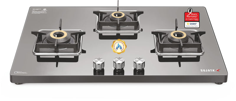 Sujata Gas Stove 4 Burners | 5 Years Warranty | 4 Burner Gas Stove Stainless Steel Auto Ignition, CookTop cum Hob Top, LPG Ready & PNG Compatible, Brass Burner (Osmium - 4 Burner Auto Ignition)