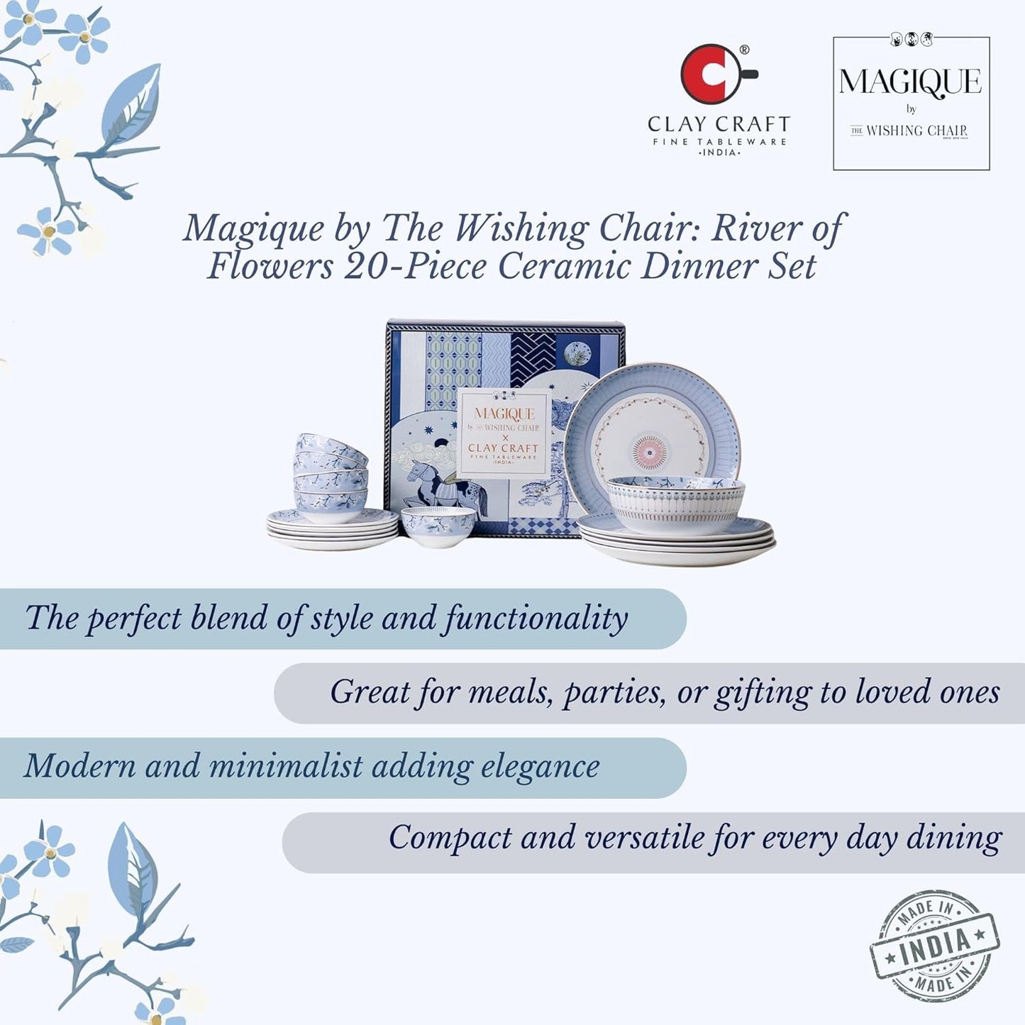 Magique by The Wishing Chair x ClayCraft : River of Flowers 20-Piece Ceramic Dinner Set with Gold | Floral Plates & Bowls | Elegant Glossy Finish | Perfect for Family Dinners | Festive Gifting