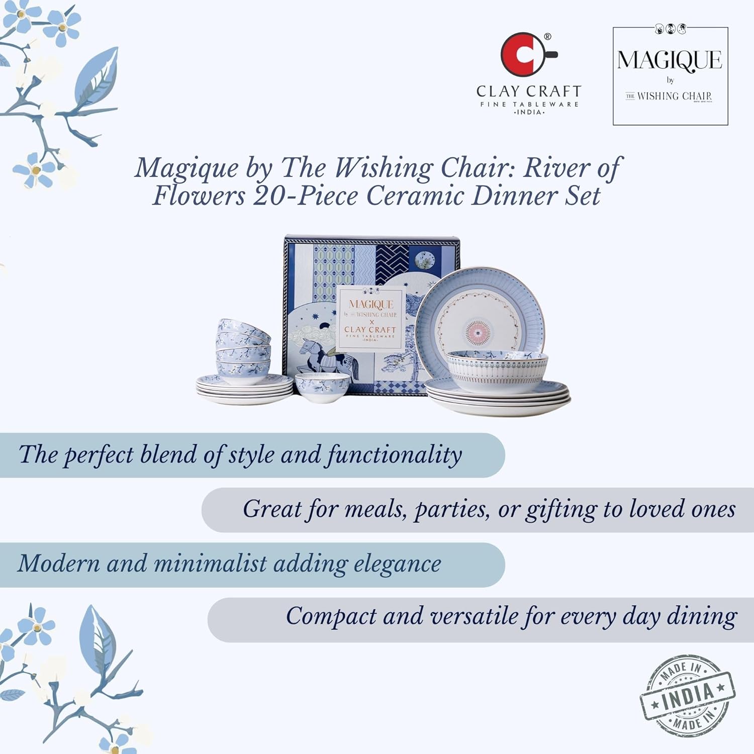 Magique by The Wishing Chair x ClayCraft : River of Flowers 20-Piece Ceramic Dinner Set with Gold | Floral Plates & Bowls | Elegant Glossy Finish | Perfect for Family Dinners | Festive Gifting