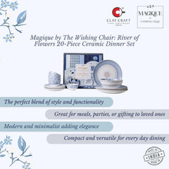 Magique by The Wishing Chair x ClayCraft : River of Flowers 20-Piece Ceramic Dinner Set with Gold | Floral Plates & Bowls | Elegant Glossy Finish | Perfect for Family Dinners | Festive Gifting