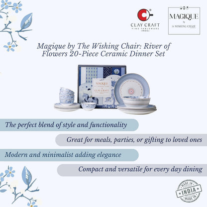 Magique by The Wishing Chair x ClayCraft : River of Flowers 20-Piece Ceramic Dinner Set with Gold | Floral Plates & Bowls | Elegant Glossy Finish | Perfect for Family Dinners | Festive Gifting