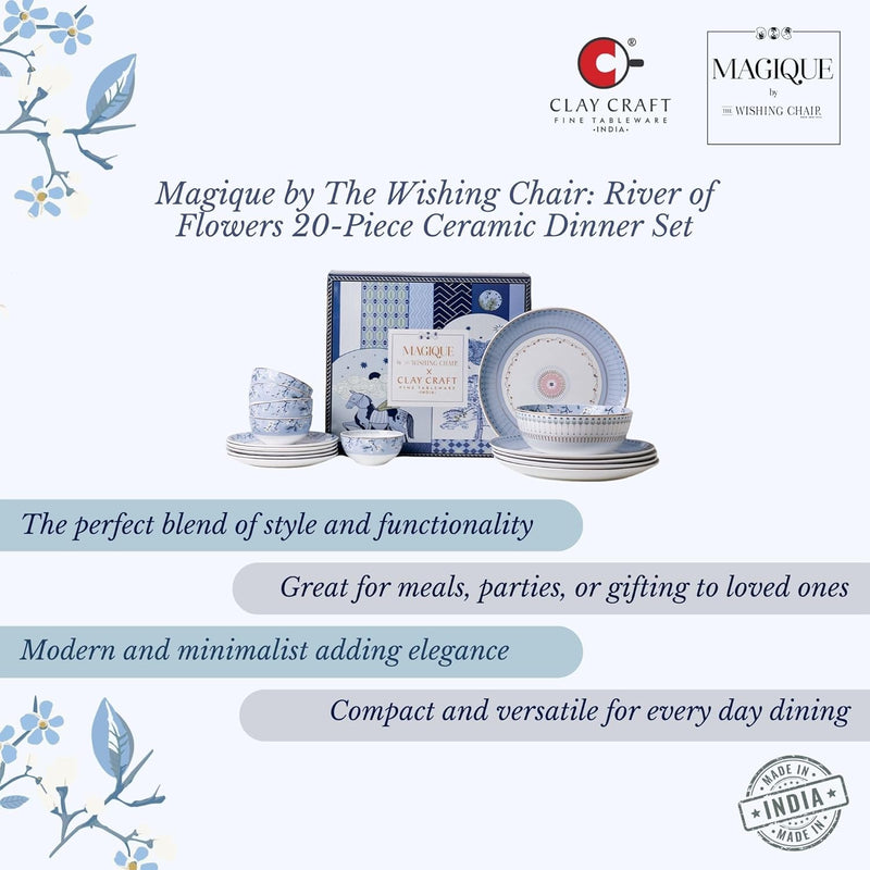 Magique by The Wishing Chair x ClayCraft : River of Flowers 20-Piece Ceramic Dinner Set with Gold | Floral Plates & Bowls | Elegant Glossy Finish | Perfect for Family Dinners | Festive Gifting