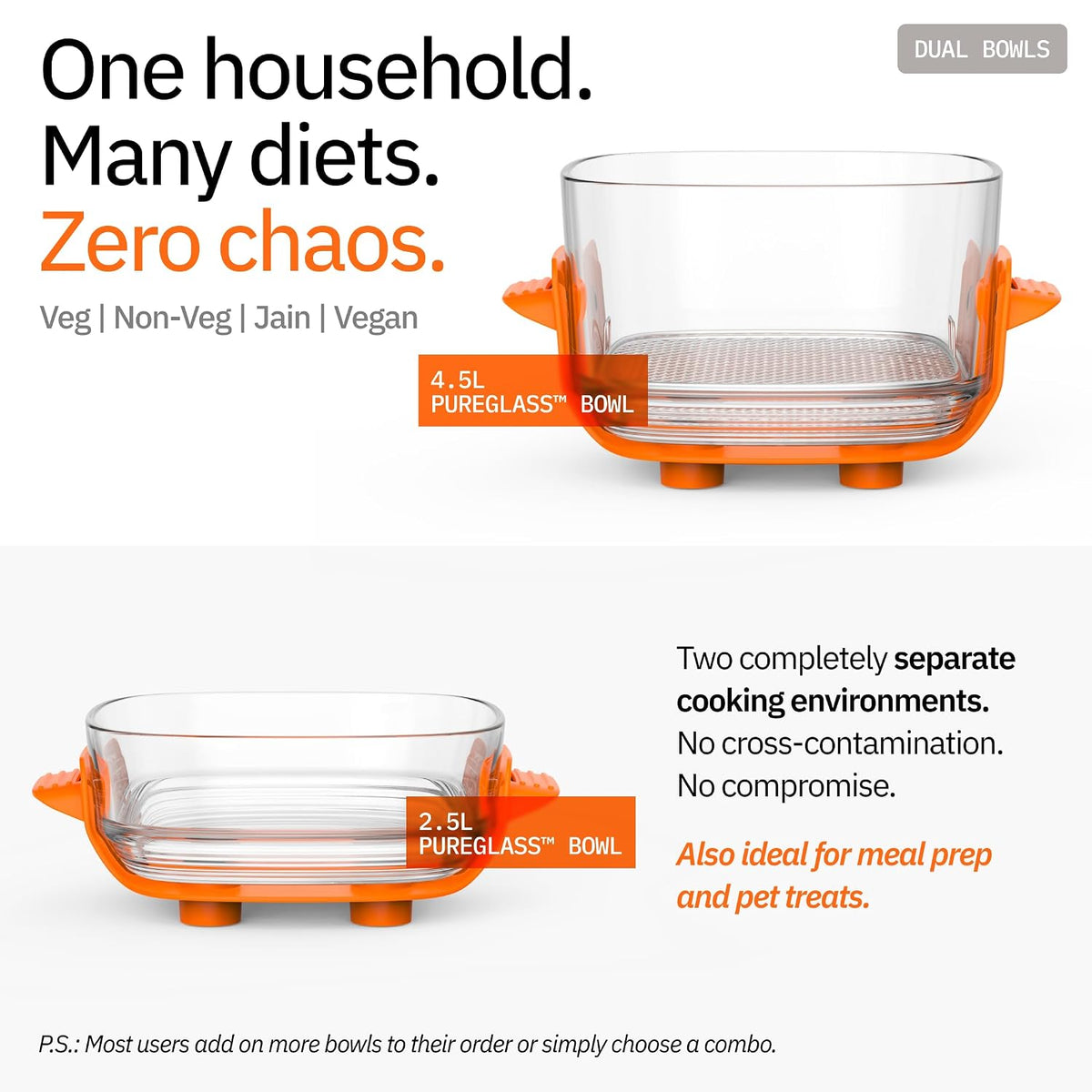 EDT Luma ZERO COATING PureGlass™ Air Fryer Oven | 4.5L + 2.5L Dual Bowl | NutriRetain™ | 6-in-1 Multi Function | 100% Toxin Free No Ceramic, PFAS, PTFE, PFOA | 1500W (Orange 4.5L + 2.5L)