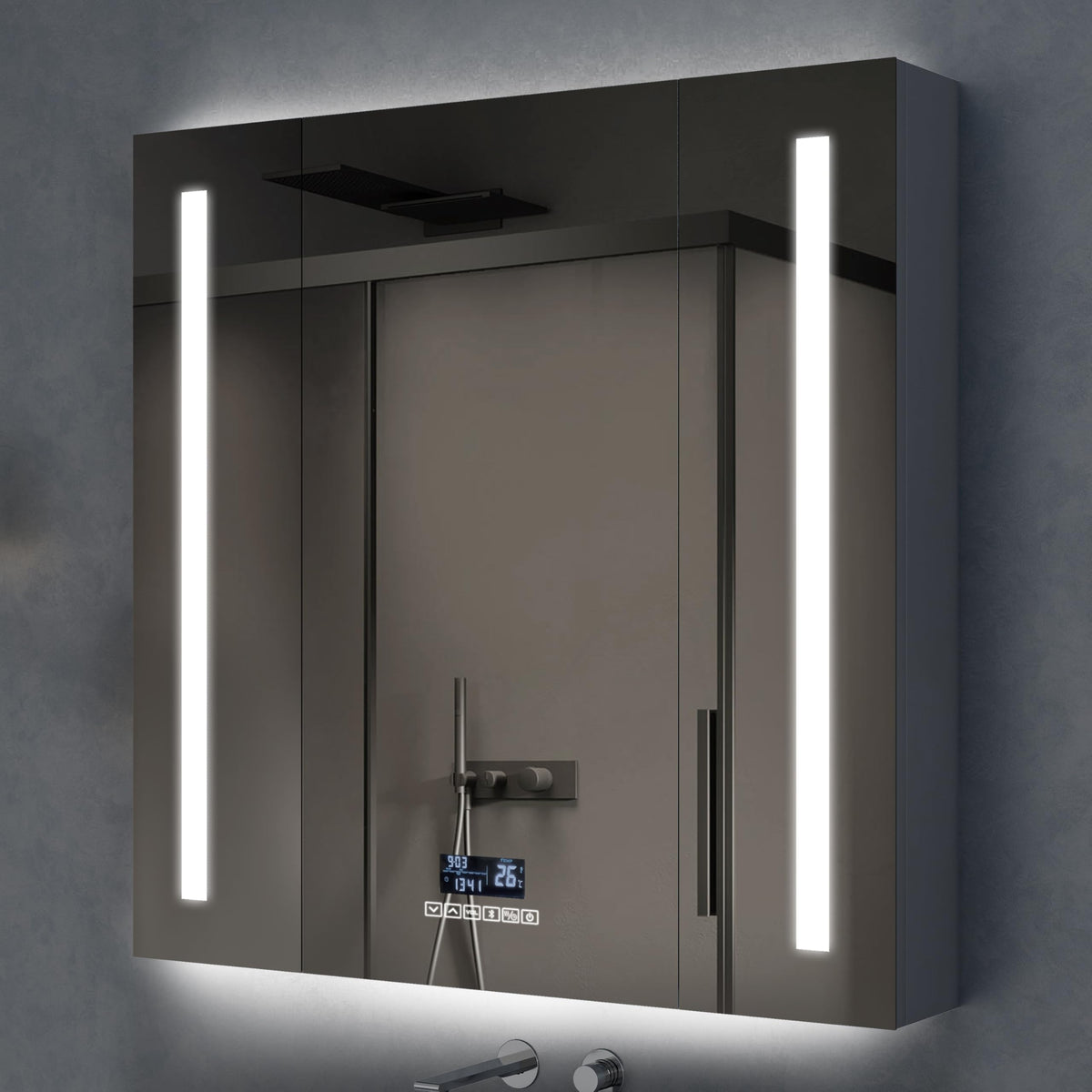 Plantex 304 Stainless Steel Bathroom Organizer with Defogger,Bluetooth & Digital Display/Bathroom Cabinet Storage/Triple Door LED Mirror Cabinet for Wall(32x32 Inch, Chrome)