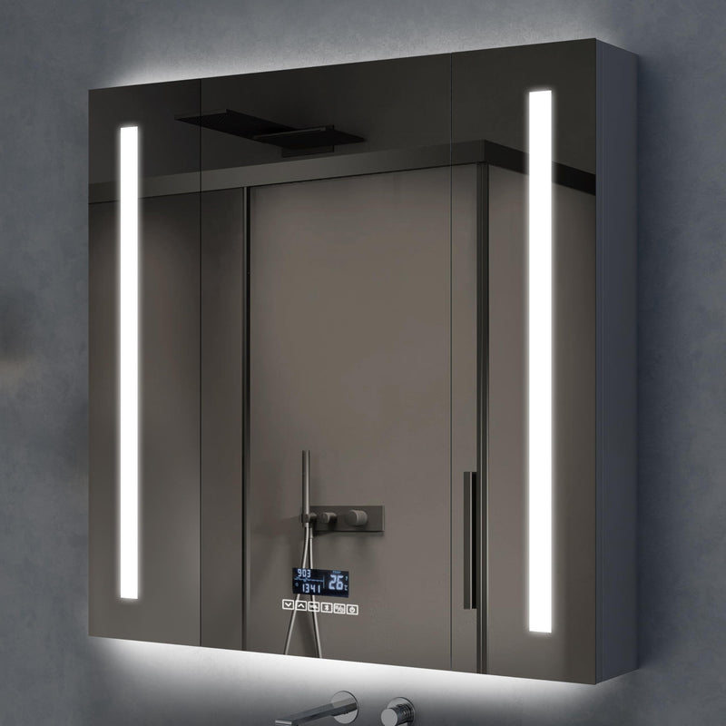 Plantex 304 Stainless Steel Bathroom Organizer with Defogger,Bluetooth & Digital Display/Bathroom Cabinet Storage/Triple Door LED Mirror Cabinet for Wall(32x32 Inch, Chrome)-1