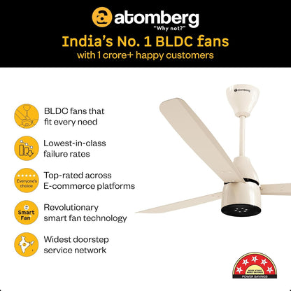 atomberg Renesa Enzel 1200mm BLDC Ceiling Fan with Remote Control | BEE 5 star Rated Energy Efficient Ceiling Fan | High Air Delivery with LED Indicators| 3 Year Warranty (Seasand Ivory)