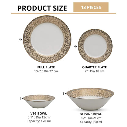 Clay Craft Fine Ceramic Ebony Dinner Set, Enchanting Gold, for Family of 4, Dinner Set Ceramic, Crockery Set, Dining Set for Dinner, Crockery Set for Gift, Kitchen Set (13 Pieces, E649)