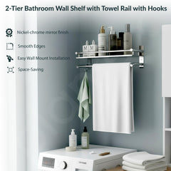 Plantex Premium Stainless Steel Bathroom Shelf/Multipurpose Rack with Towel Hooks & Hanger/Rod/Bathroom Organiser with Drill/Bathroom Stand-(2-Tier,Chrome)-2