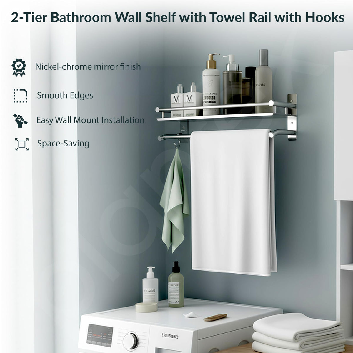 Plantex Premium Stainless Steel Bathroom Shelf/Multipurpose Rack with Towel Hooks & Hanger/Rod/Bathroom Organiser with Drill/Bathroom Stand-(2-Tier,Chrome)-2
