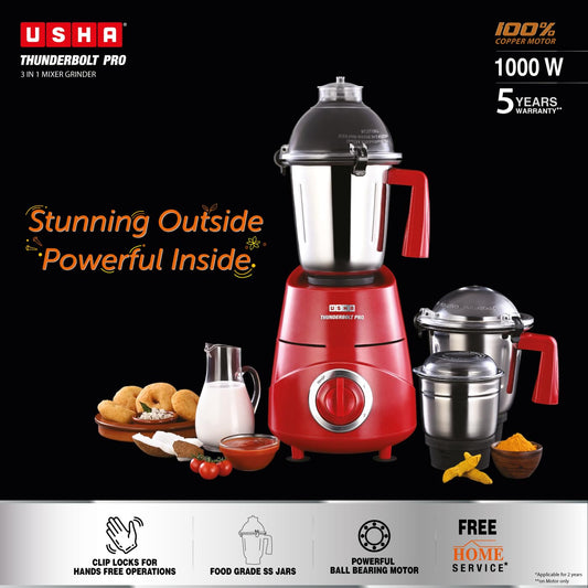 USHA Thunderbolt Pro 1000W with 3 Jars, 100% Copper Ball-Bearing Motor, Handsfree operation, 3 Jars, 3-Speed Setting with Inching option, 5 Years Warranty on Motor (Red)