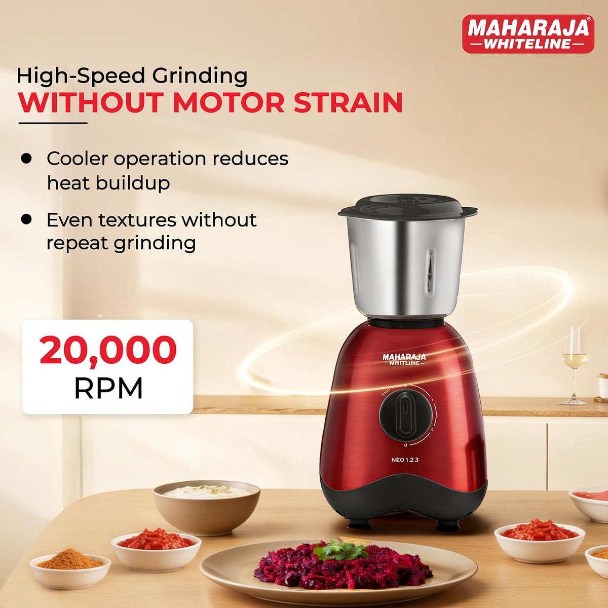 Maharaja Whiteline Neo 1..2..3 Mixer Grinder | 500 W Motor, 20,000 RPM | Long Running Time, Cooler Operation | Durable Coupler, Vacuum Foothold | Stainless Steel Blades | 2 Versatile Jars