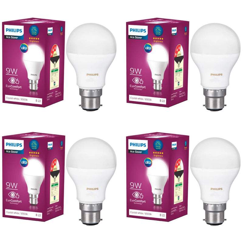Philips 9W LED Bulb Base B22 (Crystal White, Pack of 4)