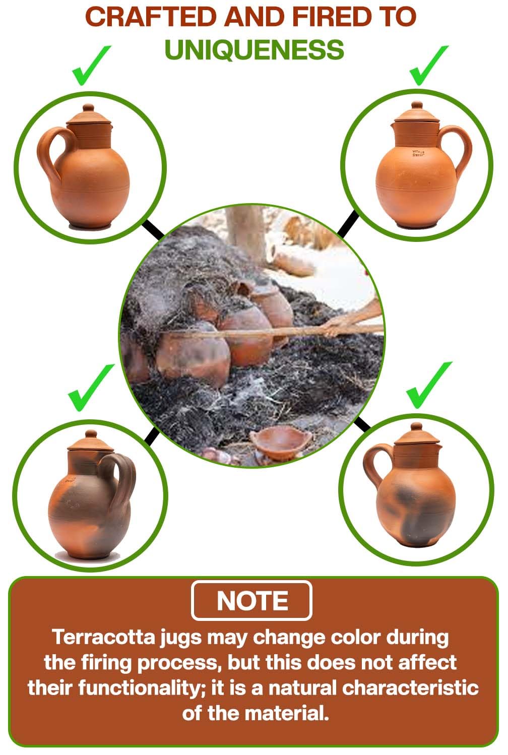 Village Decor Handmade Terracotta Preseasoned Clay Classic Water jug 1.5-2 Liter (Clay jug with lid)