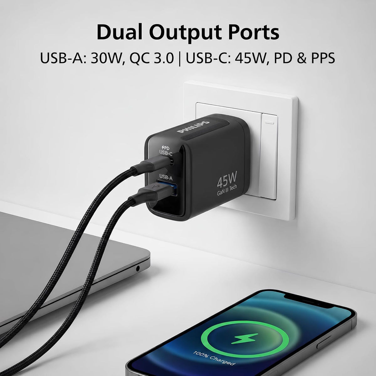 Philips DLP5321NB/94 Gen III Tech 45W Fast Charging Wall Charger (Slate Black)