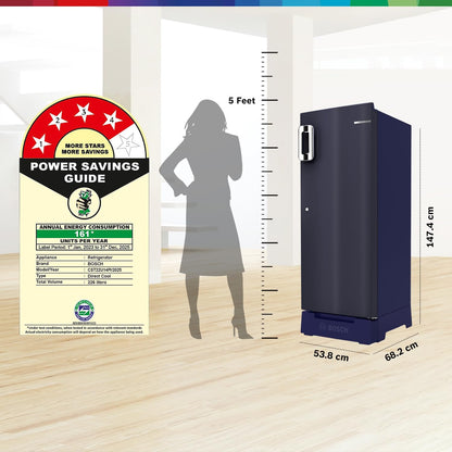 Bosch 226 L, 4 Star, Single Door Direct Cool Refrigerator with Pedestal Storage (CST22U14PI, 2.5X Faster Cooling, Cool Bottle Zone, 18 Hour Cooling Retention, Dark Lake)