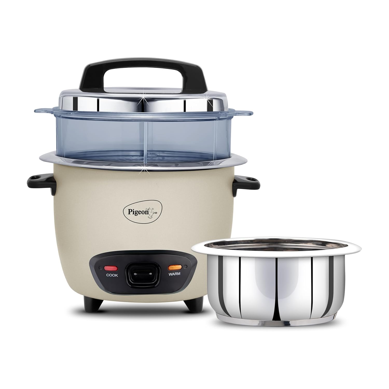 Pigeon Inox Pro Rice Cooker with Steamer, 1.8 litres | Stainless Steel Lid | 700 Watts | 1 Steel Cooking Pot | Measuring Cup | Spatula | Energy Efficient Cooking (Grey)