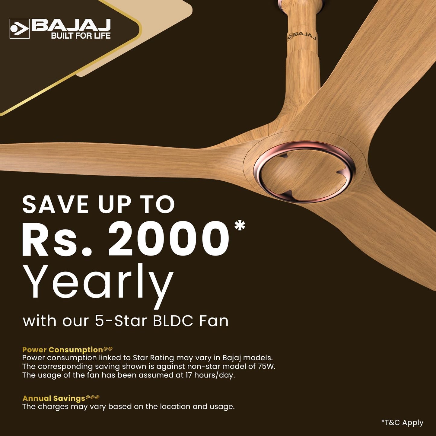 Bajaj Arioso 12DC5R 1200MM Silent Abs BLDC Ceiling Fan For Home | 5 Starrated Energy Efficient | Remote Control | High Air Delivery, Silent Operation | Unique Adjustable Canopy 【Wood & Copper】