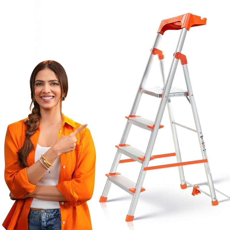 PROHOME Aluminium Ladder for Home 8 Steps Foldable with Railing & Anti-Skid Wide Steps | 8 Step Ladder for Home Use, Kitchen & Household | 270 Kg Capacity Folding Ladder | 5 Year Warranty (Orange)