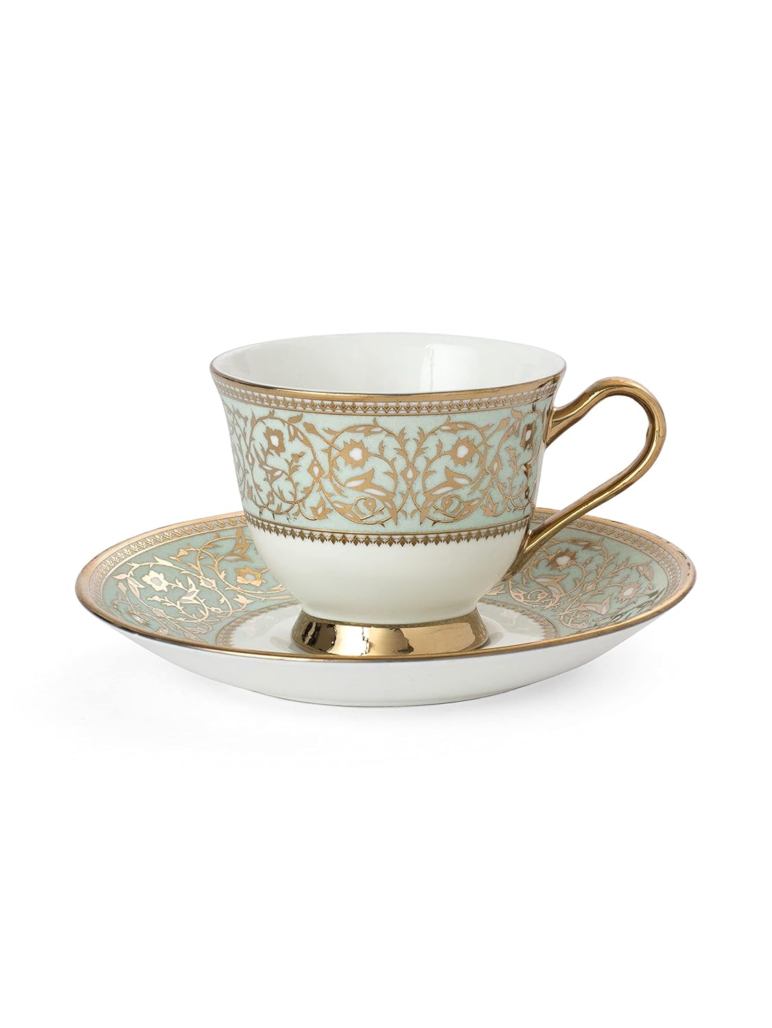 Clay Craft Fine Ceramic Golden Print Tea Set of 15 (1 Tea Pot with Lid +6 Cups+6 Saucers +1 Milk Pot + 1 Sugar Pot)
