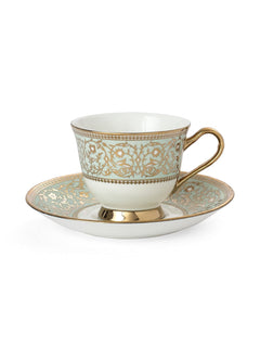 Clay Craft Fine Ceramic Golden Print Tea Set of 15 (1 Tea Pot with Lid +6 Cups+6 Saucers +1 Milk Pot + 1 Sugar Pot)