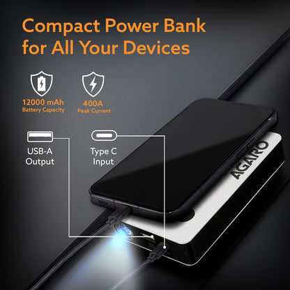AGARO Primo Portable Jump Starter for Car & Bike, 12000mAh Battery, 3 in 1, Power Bank, LED Flashlight 3 Mode, Safety Protection, Type C Charge, Petrol & Diesel Engine Compatible, with Carry Bag