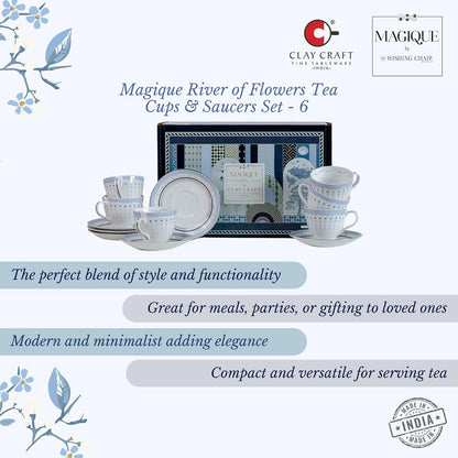 Magique by The Wishing Chair x ClayCraft : River of Flowers Tea Cups & Saucers Set of 6 | 180 ml Fine Ceramic Floral Cups | Elegant Glossy Finish | Ideal for Gifting & Home Use