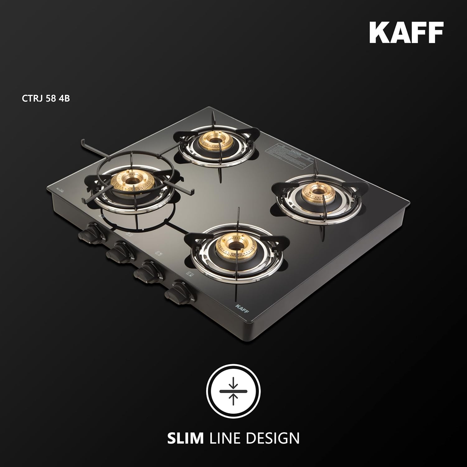 KAFF Cooktop | 4 Burners with Slim Line Design 58 CM | 1 Jumbo burner | High Efficiency Brass Burners, Black Tempered Glass | Matt Enamelled Pan Support | Black | CTRJ58-4B