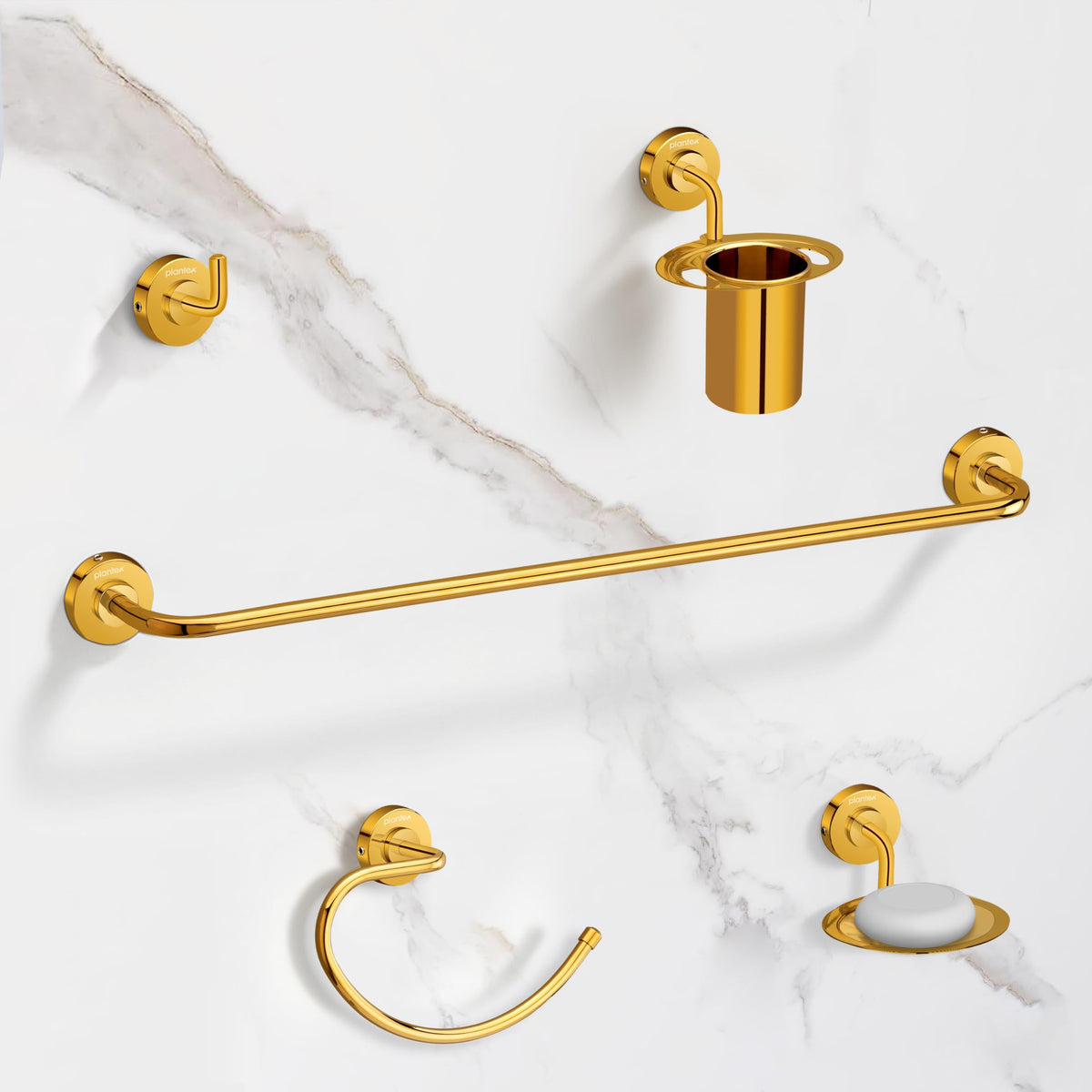 Plantex 304 Grade Stainless Steel Bathroom Accessories Set of 5 - Towel Rod/Hand Napkin Hanger for Wash Basin/Soap Case/Toothbrush Holder/Robe Hook - Daizy (Golden)-1