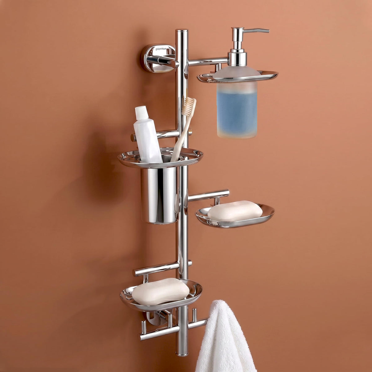 Plantex J4 Stainless Steel 5in1 Bathroom Set/Soap Holder for Bathroom Wall/Soap Dispenser Set/Toothbrush Holder/Robe Hook for Bathroom/Bathroom Accessories- Pack of 1 (Chrome)
