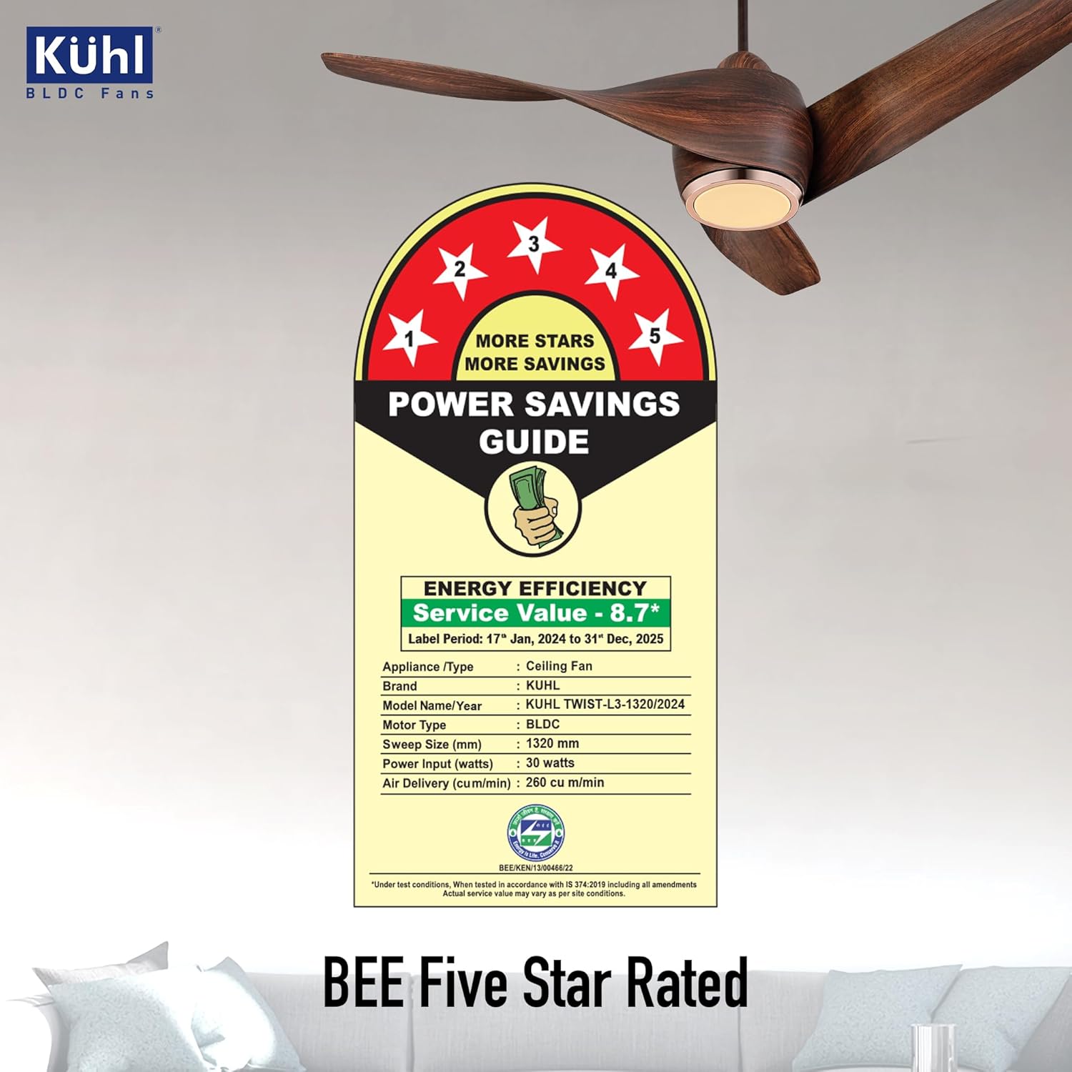 KUHL Twist L3 1320 mm 65% Power Saving BLDC Ceiling Fan | BEE 5 Star Rated & ISI Marked | High Air Flow |5YearWarranty on Motor By Brand |Free Installation | IoT – Operate via Mobile & Alexa | Teak