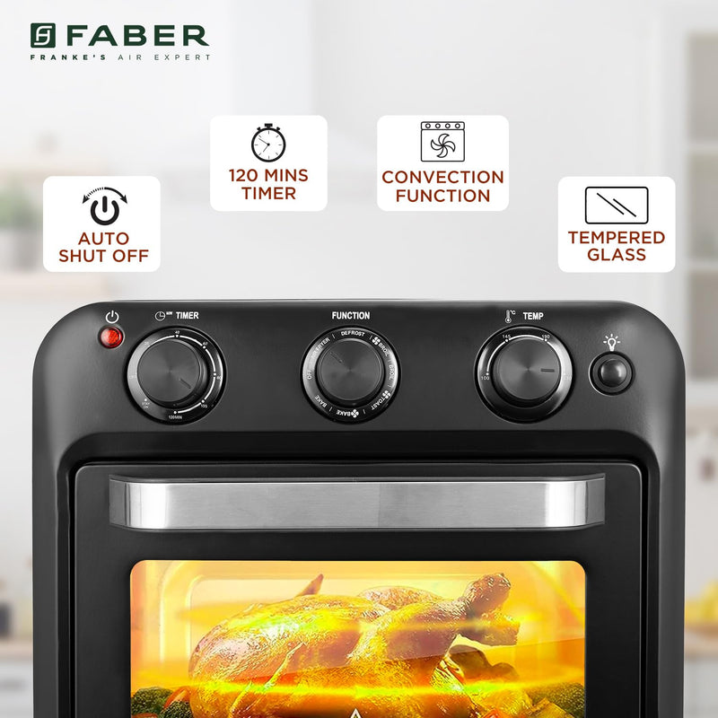 Faber 20 liter 1500 Watts Air Fryer Oven|Fry, Bake, Roast, Toast, Defrost, Grill, Reheat & Broil|85% Less Oil|Temperature & Timer Control, Preset Cooking Options, Convection Function, Auto-Off|(Black)