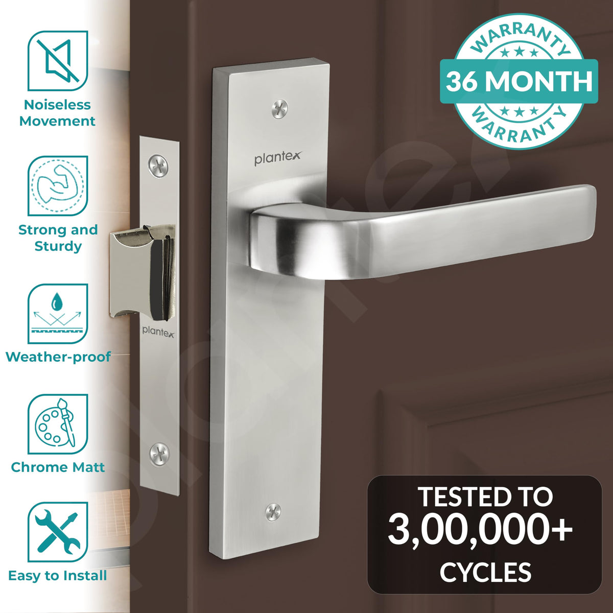 Plantex Heavy Duty Door Lock “ Bathroom Door Lock/Mortise 8inch Keyless Plate Handle Set for Home/Bathroom/Store Room/Balcony/Office with Baby Latch (8107, Matt)-2