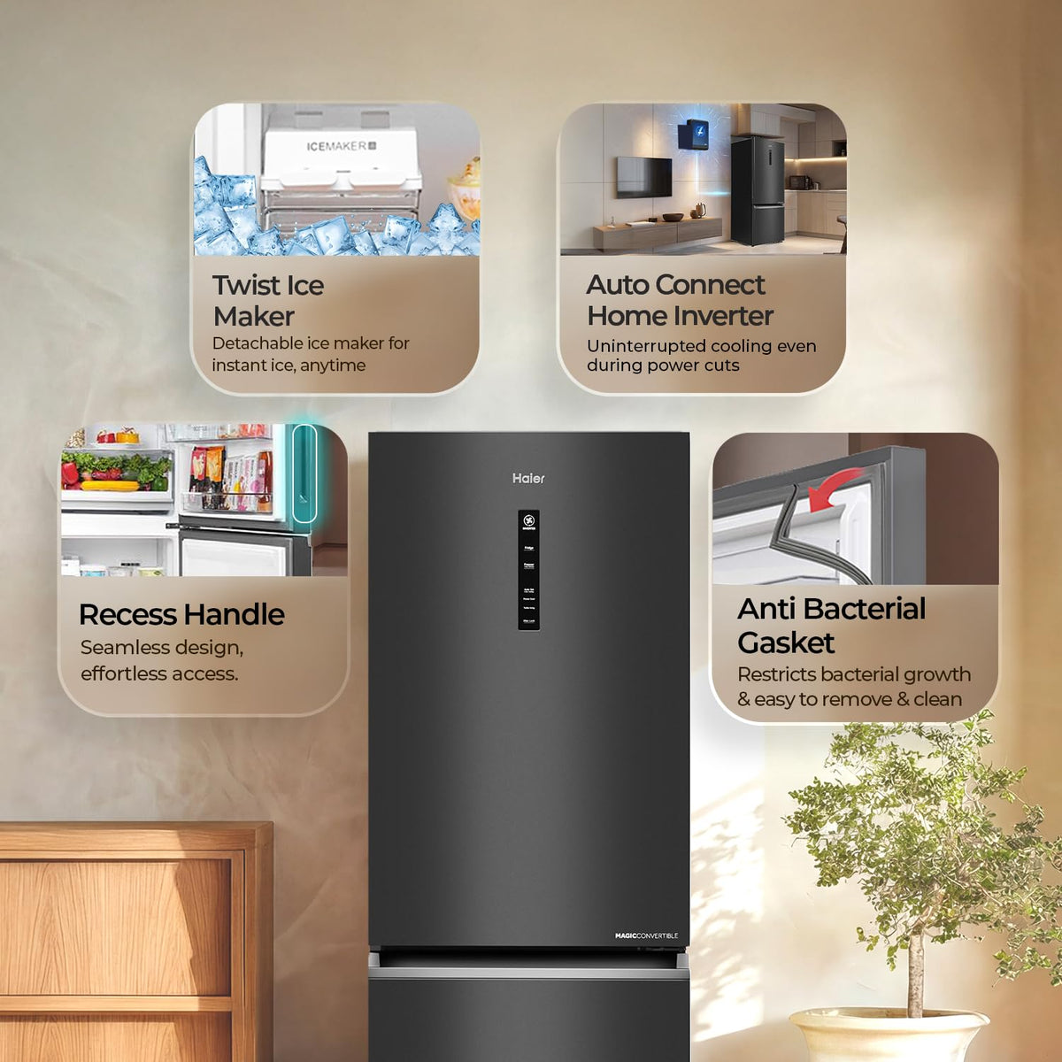 Haier 325 L 3 Star Frost Free Triple Inverter Bottom Mount Refrigerator, Digital Touch Display & 2X Bigger Fresh Storage (HEB-333GBA-P, Graphite)-4