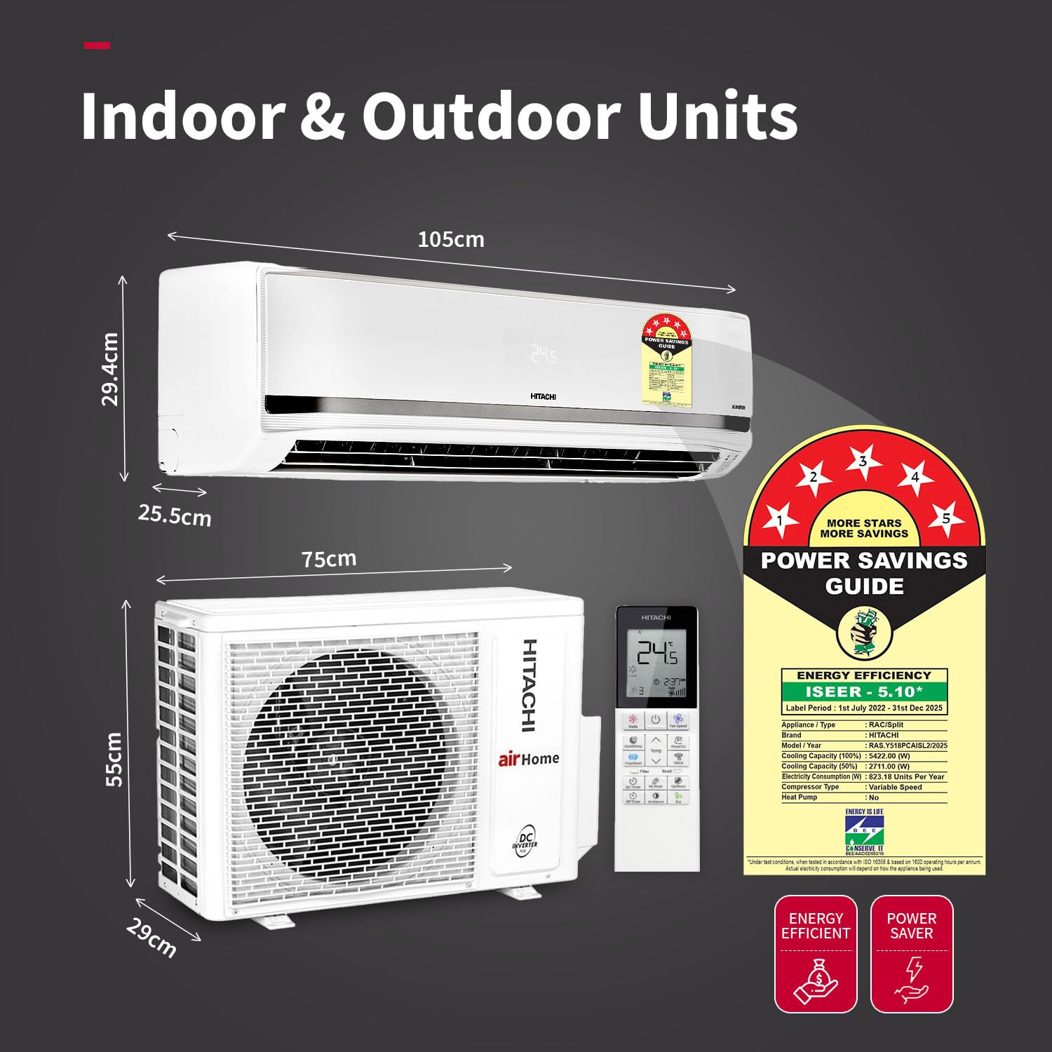 Hitachi 1.5 Ton 5 Star Wi-Fi Inverter Split AC (100% Copper, Heavy Duty, Xpandable+, ice Clean, Dust Filter, 5700XXL RAS.Y518PCAISL2, White)