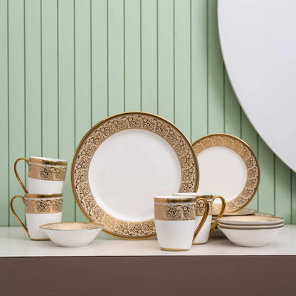 Clay Craft Fine Ceramic Ebony Dinner Set, Enchanting Gold, for Family of 4, Dinner Set Ceramic, Crockery Set, Dining Set for Dinner, Crockery Set for Gift, Kitchen Set (13 Pieces, E649)