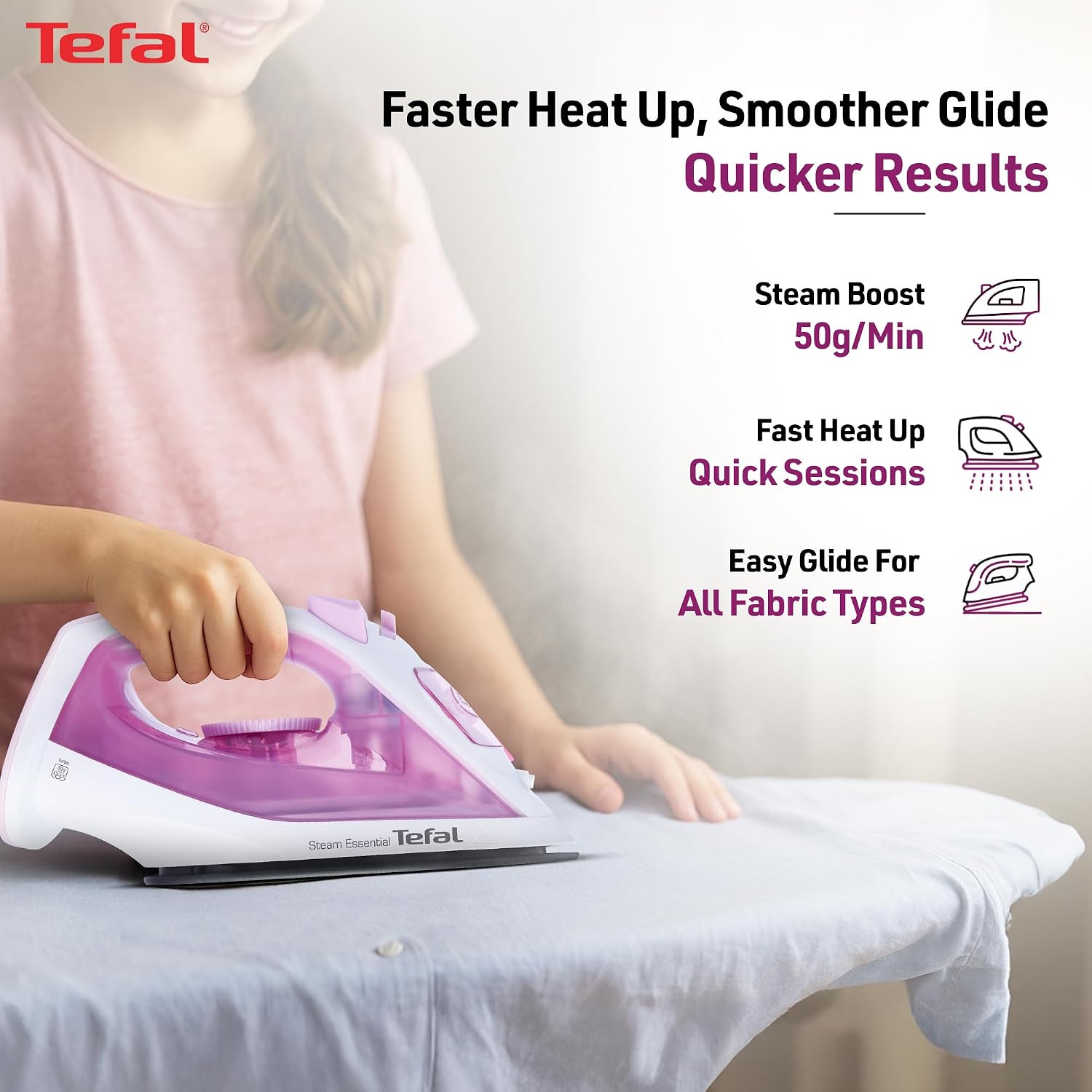 Tefal Pink Steam Essential Iron | 1200 Watts Lightweight Steam Iron with Non-Stick Soleplate | Continuous Steam Boost | Vertical Steaming | No.1 Ironing Brand in Europe | 2-Year Warranty