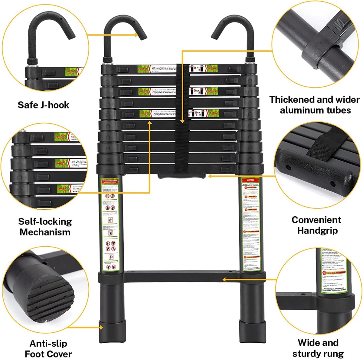 Plantex 3.8m (12.5 ft.) Portable and Compact Aluminium Telescopic Ladder with Removable Hooks/Foldable Multipurpose Ladder for Home & Outdoor Use/2 Years of Warranty By Plantex/EN131 Certified-(Black)-3