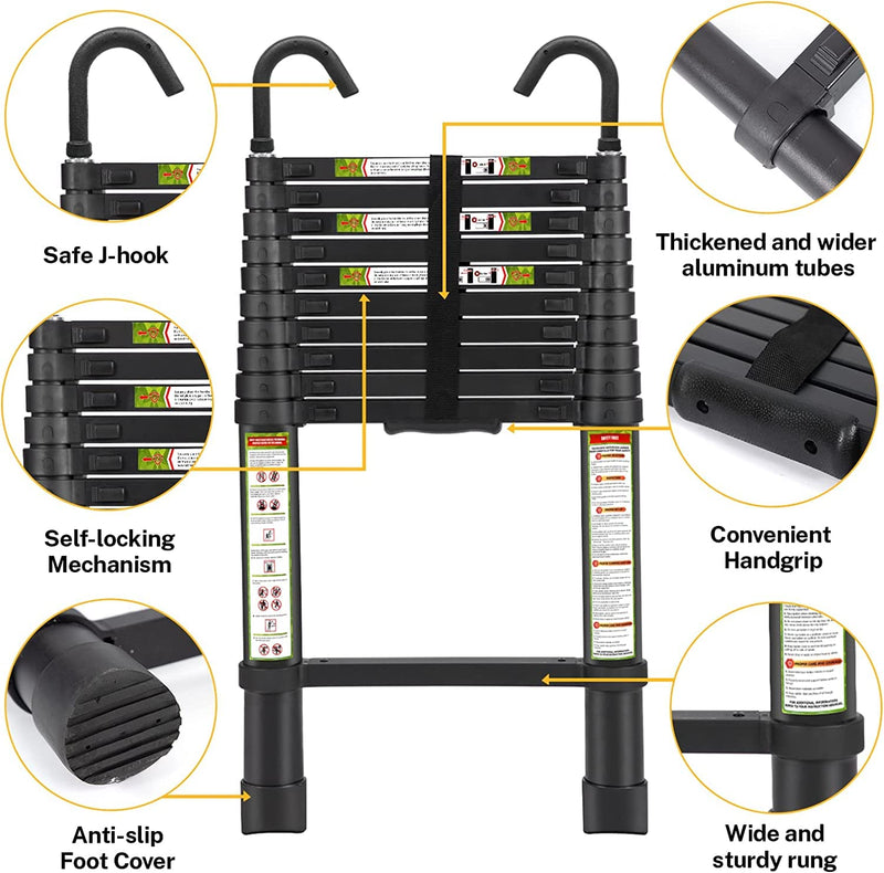 Plantex 3.8m (12.5 ft.) Portable and Compact Aluminium Telescopic Ladder with Removable Hooks/Foldable Multipurpose Ladder for Home & Outdoor Use/2 Years of Warranty By Plantex/EN131 Certified-(Black)-3