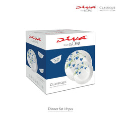 La Opala Diva Classique Collection Opal Glass Crockery | for Family of 6 | Dinner Set 19 pcs Fluted Green | Plates & Bowls for Dining | Microwave Safe | 100% Vegetarian | Extra Strong | White