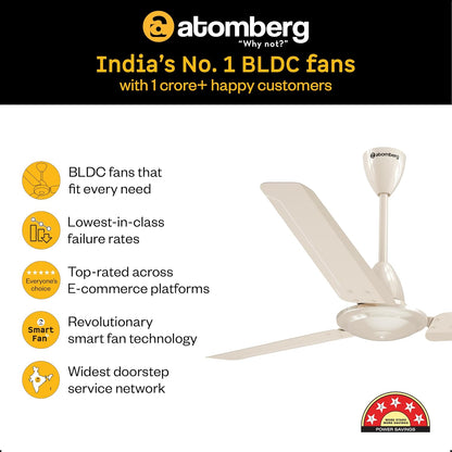 atomberg Ameza 1200mm Timeless BLDC Ceiling Fan with Remote|BEE 5 star|High Air Delivery|LED Speed Indicator|Low Noise|Timeless Design with Power Saving|2 Year Warranty|seasand Ivory