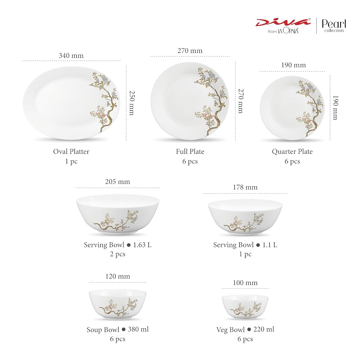 Diva by La Opala, Pearl Collection, Opal Glass Dinner Set 28 pcs, Zen Garden, White
