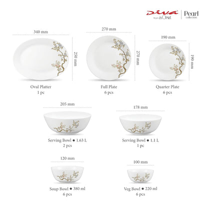 Diva by La Opala, Pearl Collection, Opal Glass Dinner Set 28 pcs, Zen Garden, White